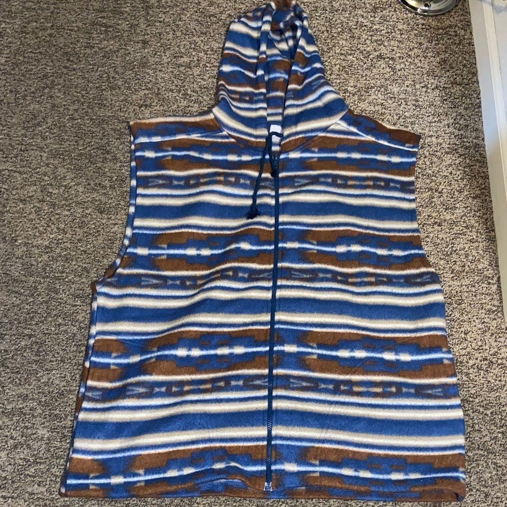 VTG, BLA ZER Striped Blue and Brown Hooded Vest Size L